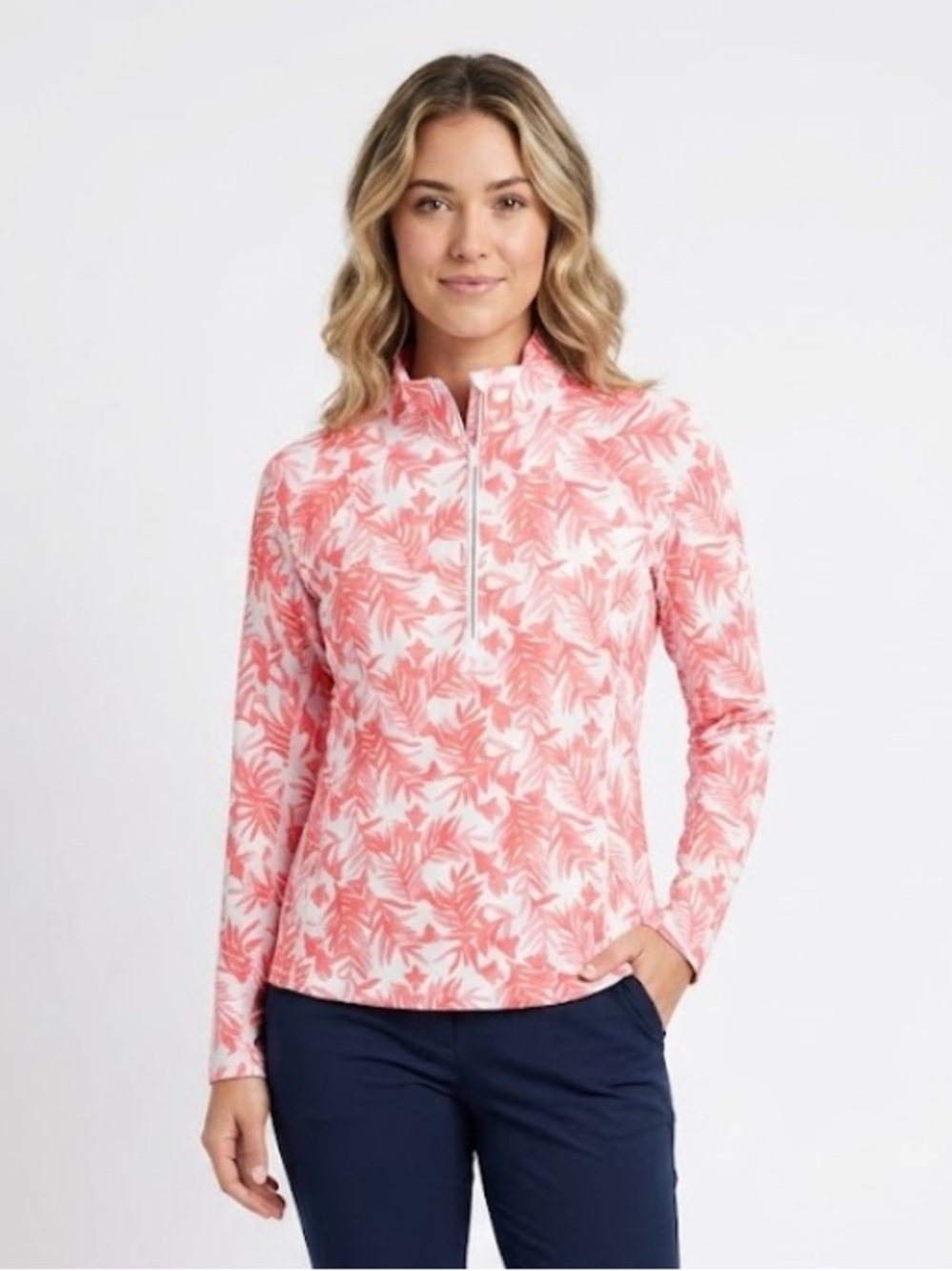 Vineyard Vines Performance Coral Leaf-Print Quarter-Zip Pullover Medium New